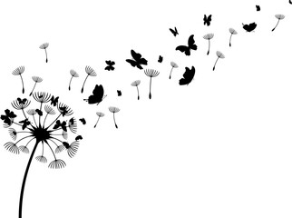 Dandelion with flying butterflies and seeds. Vector isolated decoration element from scattered silhouettes. Conceptual illustration of freedom and serenity.