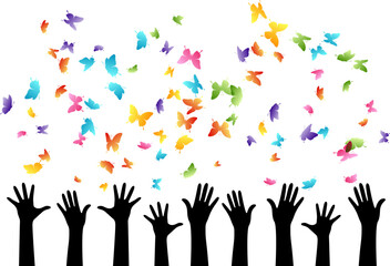Hands with flying up butterflies . Vector isolated decoration element from scattered silhouettes. Conceptual illustration of group community and social organization.