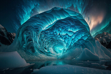 Obraz premium Aurora borealis over snowy mountains, frozen sea coast, reflection in water at night, generative ai