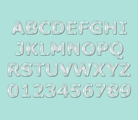Set of alphabet capital letters and numbers with plastic wrap effect. Creative glossy font design on blue background. 
