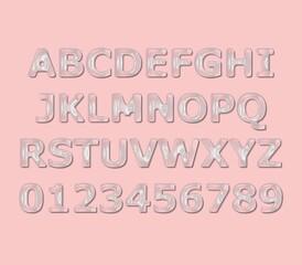 Obraz premium Set of alphabet capital letters and numbers with plastic wrap effect. Creative glossy font design on pink background. 