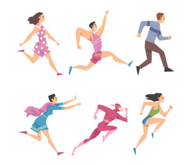 Man and Woman Character Running in a Hurry and Hasten Somewhere Vector Set