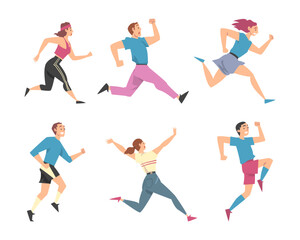 Fototapeta na wymiar Man and Woman Character Running in a Hurry and Hasten Somewhere Vector Set