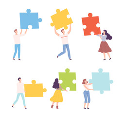 Young Man and Woman with Huge Jigsaw Puzzle Vector Set