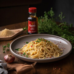 A mouthwatering, high-resolution product presentation photo of pasta aglio e olio, featuring perfectly cooked spaghetti tossed in a flavorful blend of olive oil, fresh garlic, and red pepper flakes