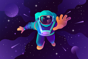 The astronaut waves his hand. Welcome gesture. Space, planets and stars. Gradient design. Vector modern illustration. - 585509740