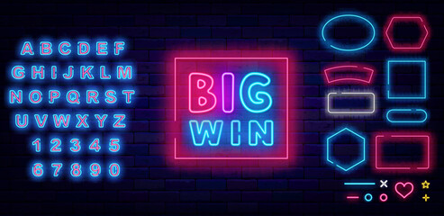 Big win neon sign. Geometric frames set. Shiny blue alphabet. Winning and casino concept. Vector illustration
