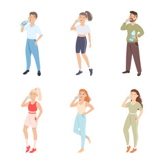 Fototapeta premium Young Man and Woman Standing and Drinking Pure Still Water from Plastic Bottle Quenching Thirst Vector Set