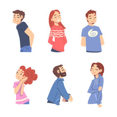 Smiling Man and Woman Character Looking at Someone Demonstrating Attention Vector Set