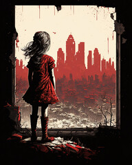 a little girl in a red dress looking out a window, destroyed city, apocalyptic, art illustration 