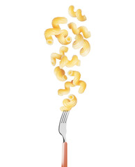Macaroni in the air with fork isolated on a white background