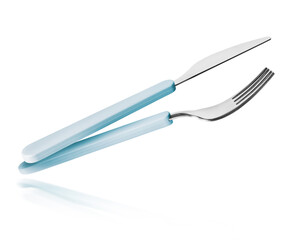 Metal knife and fork close-up isolated on white background