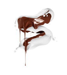Splashes of chocolate and milk in a swirling shape on a transparent background