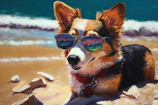 dog wearing sunglasses on a beach on a beautiful bright day, oil painting, ai art illustration 