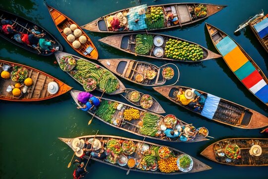 Lots of fruit boats on traditional oriental floating market, created with generative ai