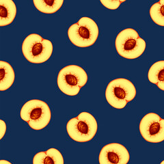 Seamless pattern with peach fruit on a blue background. Vector illustration