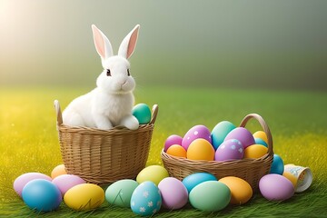 cute easter bunny sitting in a wicker basket among painted eggs and colored lights, the golden rays of the sun illuminate the green meadow, Generative AI