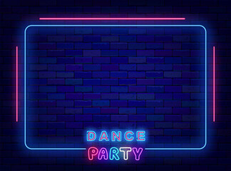 Dance party neon advertising. Disco event. Night club announcement. Blue frame with lines. Vector stock illustration