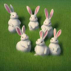 Group of cute white rabbits in green grass