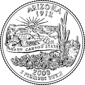 American money, USA Washington quarter dollar Arizona or 25-cent silver coin, Grand Canyon on reverse. Black and white image