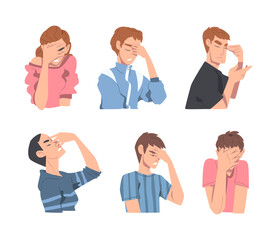 Disappointed Young Man and Woman Trying to Remember Something Feeling Frustration About Forgetting Things Vector Set