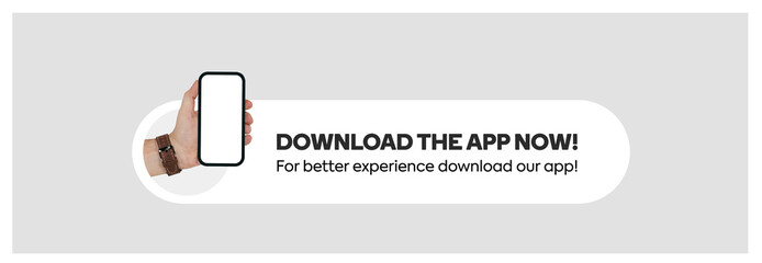 Download the app now. Simple Download the app now cover or banner with hand holding smartphone....