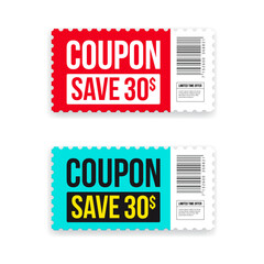 Coupon Save 30$ Shopping Ticket Vector Illustration Set