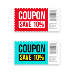 Coupon Save 10% Shopping Ticket Vector Illustration Set