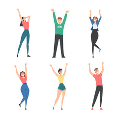 Cheerful Man and Woman with Raised Up Hands Cheering About Something Vector Set - obrazy, fototapety, plakaty