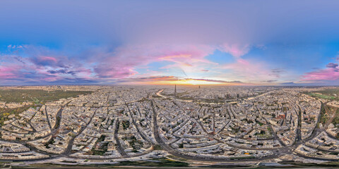 Seamless spherical HDRI aerial panorama 360 degrees for VR virtual reality of Eiffel Tower in France with colorful twilight romantic sky sunrise or sunset of paris city travel landmark in Europe. 