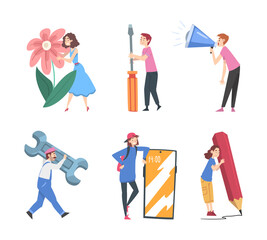 Tiny People Characters Holding Huge Objects Vector Set