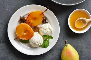 Poached pears with ice cream