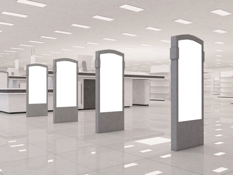 anti-theft alarm detector at the entrance of the shopping center grocery store or super market with blank poster. 3d rendering illustration