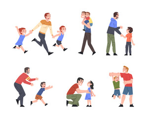 Fototapeta na wymiar Father and Kid as Man Happy Dad Playing with Son and Daughter Vector Set