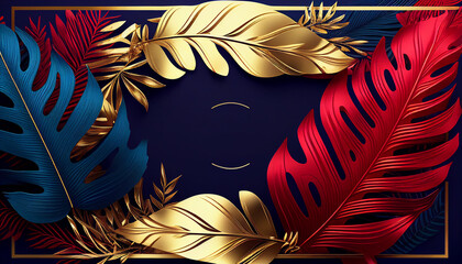 abstract photo frame with gold red and blue luxury leaves