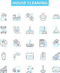 House cleaning vector line icons set. Mop, Vacuum, Dust, Wipe, Sweep, Scrub, Disinfect illustration outline concept symbols and signs