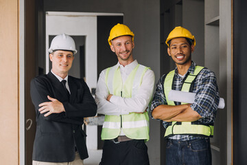 Diverse Team of Specialists Use Tablet Computer on Construction Site. Real Estate Building Project with Civil Engineer, Architect, Business Investor and General Worker Discussing Plan Details.