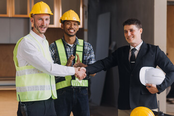 Diverse Team of Specialists Use Tablet Computer on Construction Site. Real Estate Building Project with Civil Engineer, Architect, Business Investor and General Worker Discussing Plan Details.