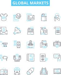Global markets vector line icons set. Markets, Global, Trade, Exchange, Stock, Currency, Commodity illustration outline concept symbols and signs