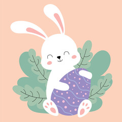  White easter bunny in pastel colors easter eggs vector illustration. Cute postcard with a rabbit. White Easter Bunny holding an egg