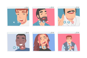 Fototapeta premium Video Conference Screen with Man and Woman Calling Friend and Communicating Via Internet App Vector Set