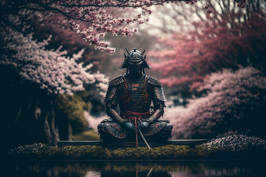 a meditating samurai in nature