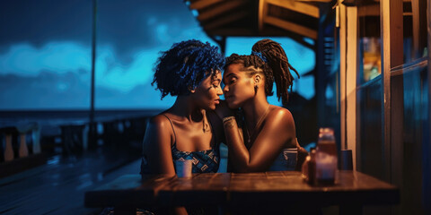 Afroamerikanisches lesbisches Pärchen in einer Strandbar am Meeer, Blaue Stunde, Generative AI