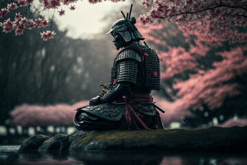a meditating samurai, generative ai - obrazy, fototapety, plakaty