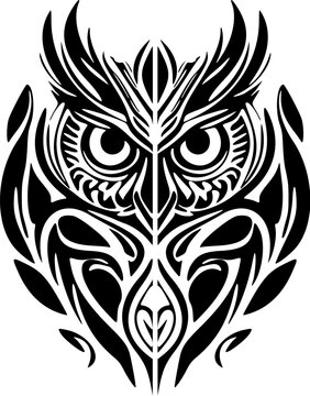 ﻿Owl tattoo featuring black & white designs with Polynesian influences.