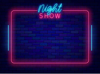 Night show neon advertising. Music party invitation. Pink frame with stripes on brick wall. Vector stock illustration