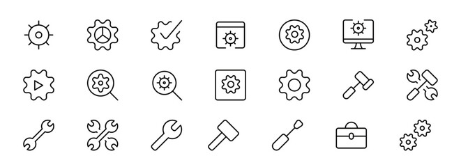 Gear, cogwheel line icons set. App settings button, slider, wrench tool, fix concept minimal vector illustrations. Simple flat outline signs for web interface. Editable Strokes