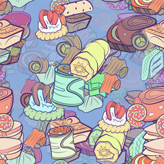Background pattern abstract design texture. Seamless. Snacks. Theme is about , pancake, stick, twisted filling, caramel, cucumber roll, six-pointed, dough, meat, roll, lettuce leaf, rice