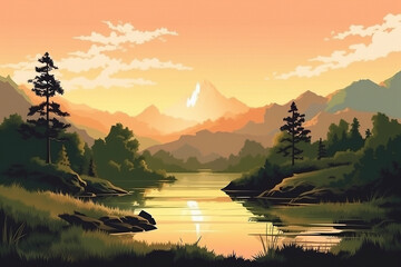 Lake in the mountains. Simple flat cartoon illustration created with generative ai teachnology