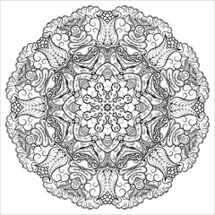 Mandala. Tracery wheel image. Mehndi design. Binary monochrome black and white. Ethnic doodle art. Curved doodling picture. Vector